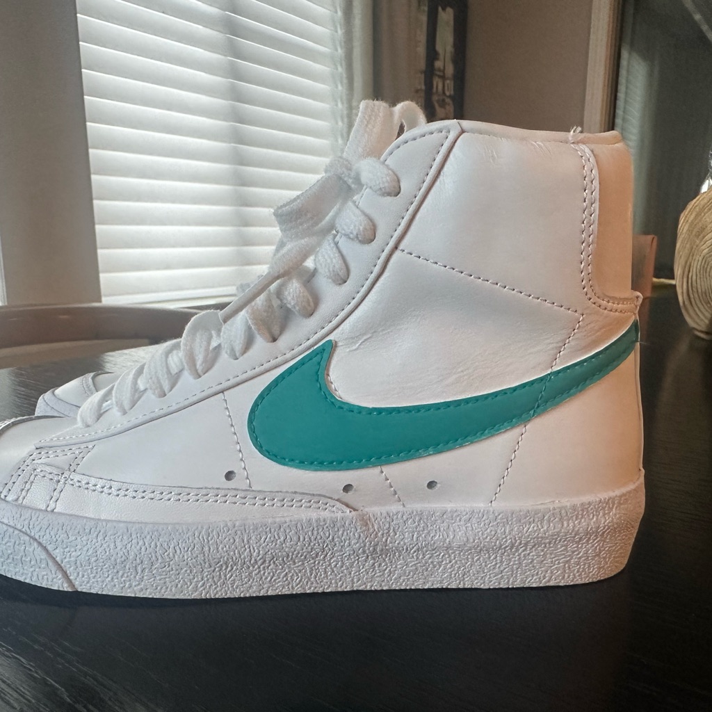 Brand New White Nike Blazer Mid &acirc;77 Custom With Teal Swoosh